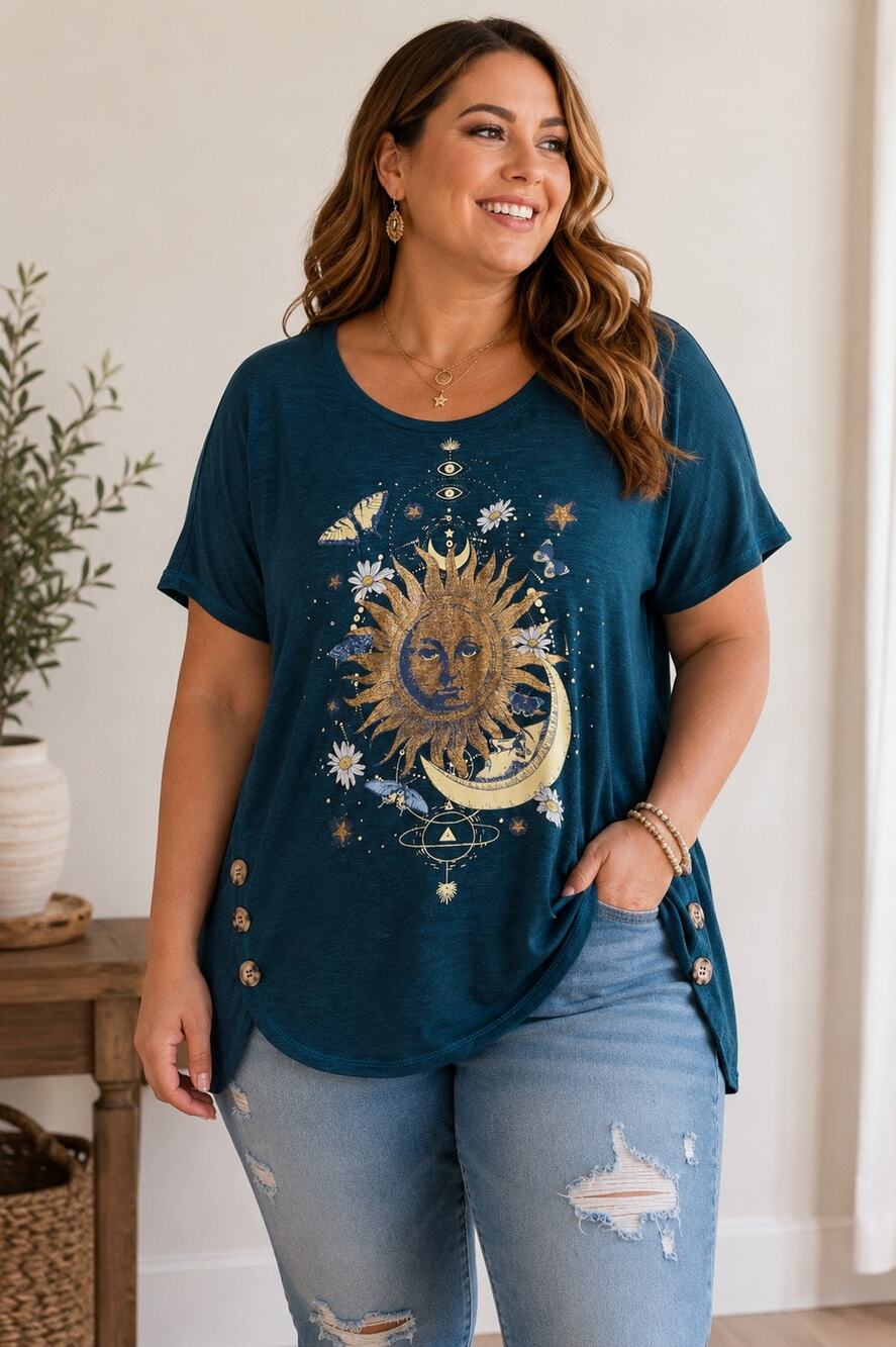 Celestial Sun Moon Graphic Tee Women’s 2X Teal Boho Side Button Top